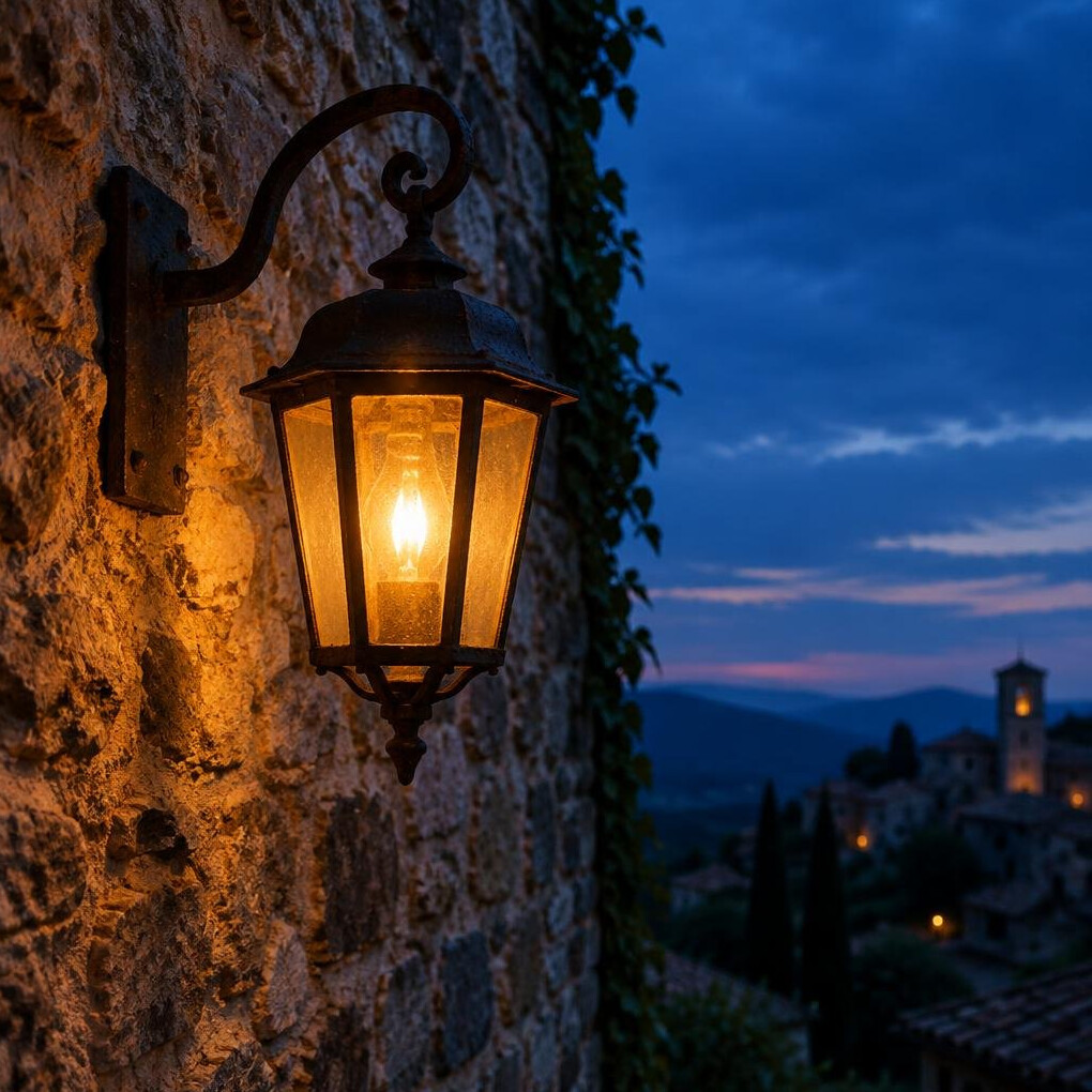 Old iron lantern glowing on a stone wall at dusk