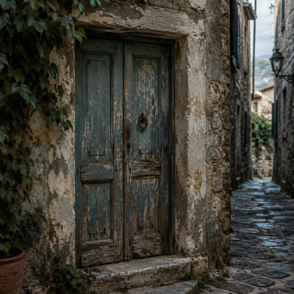 Old wooden doorway with peeling paint in an alley