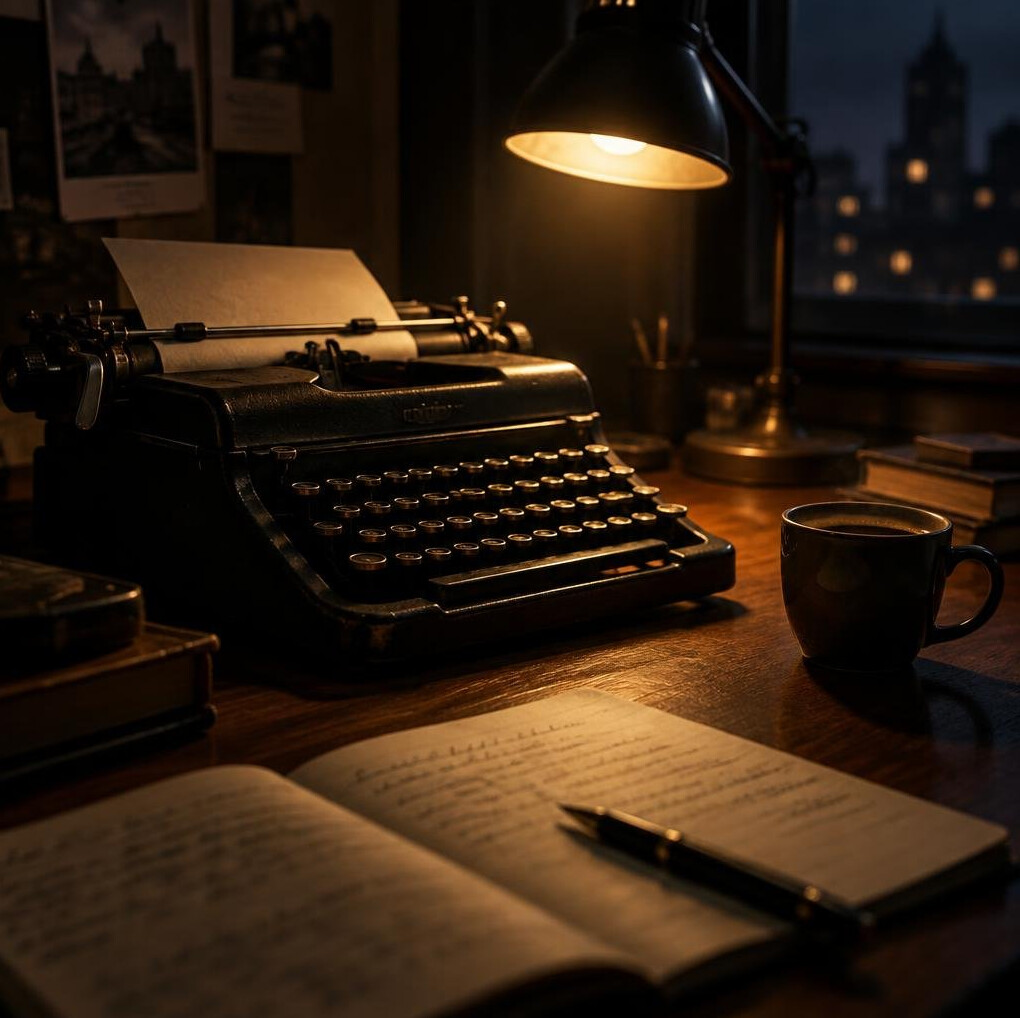 Writer's desk at night with typewriter, notebook and lamp light