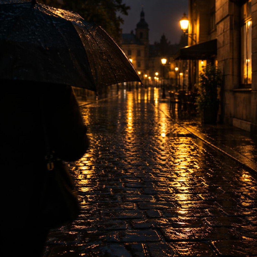Umbrella and wet cobblestones reflecting street lights