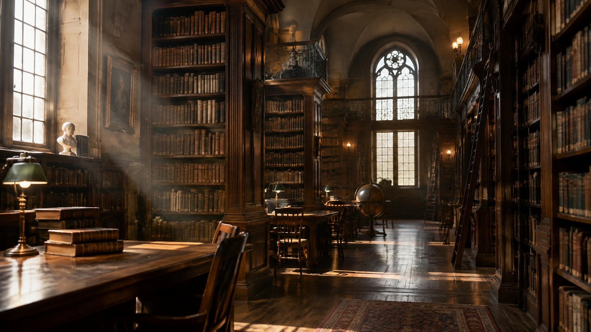 Old library with tall wooden shelves and warm lighting