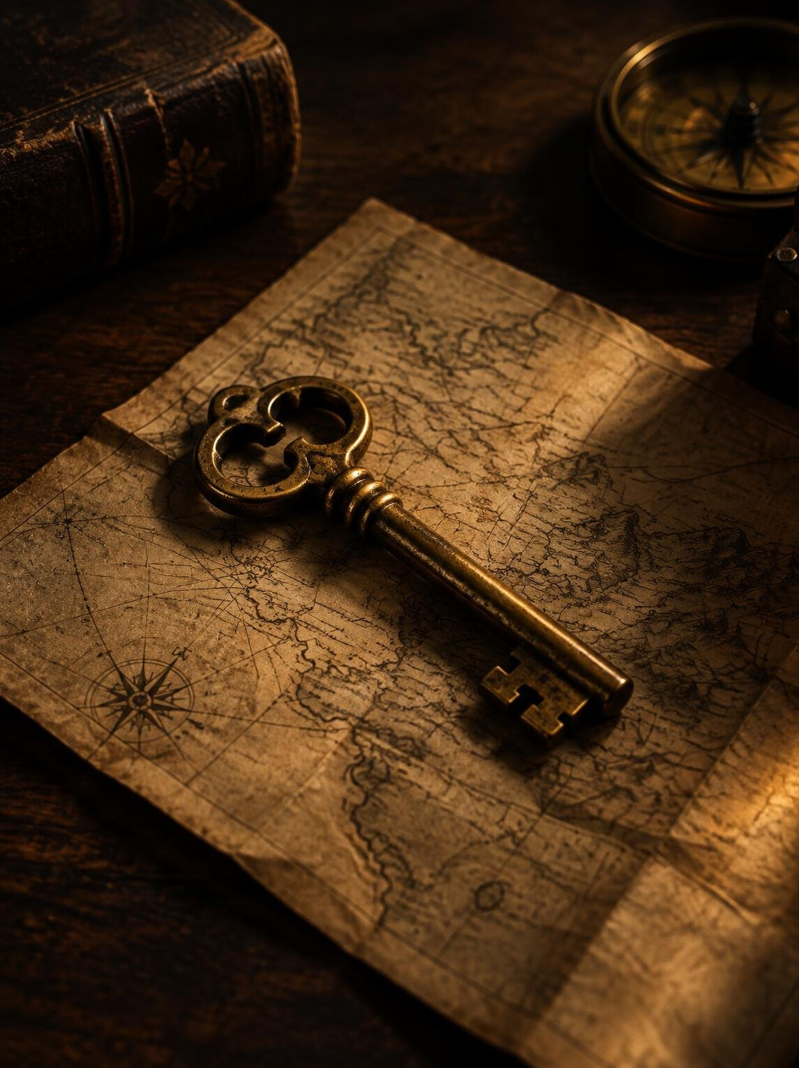 Old brass key resting on a folded map