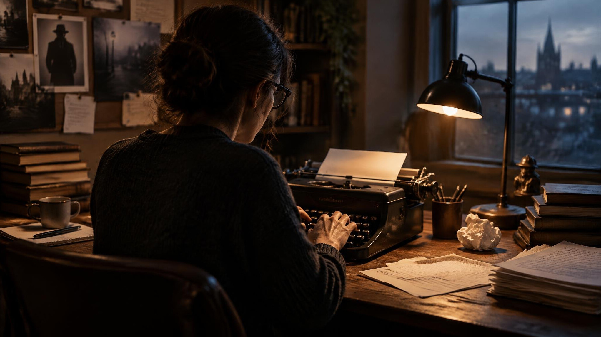 mystery writer at desk