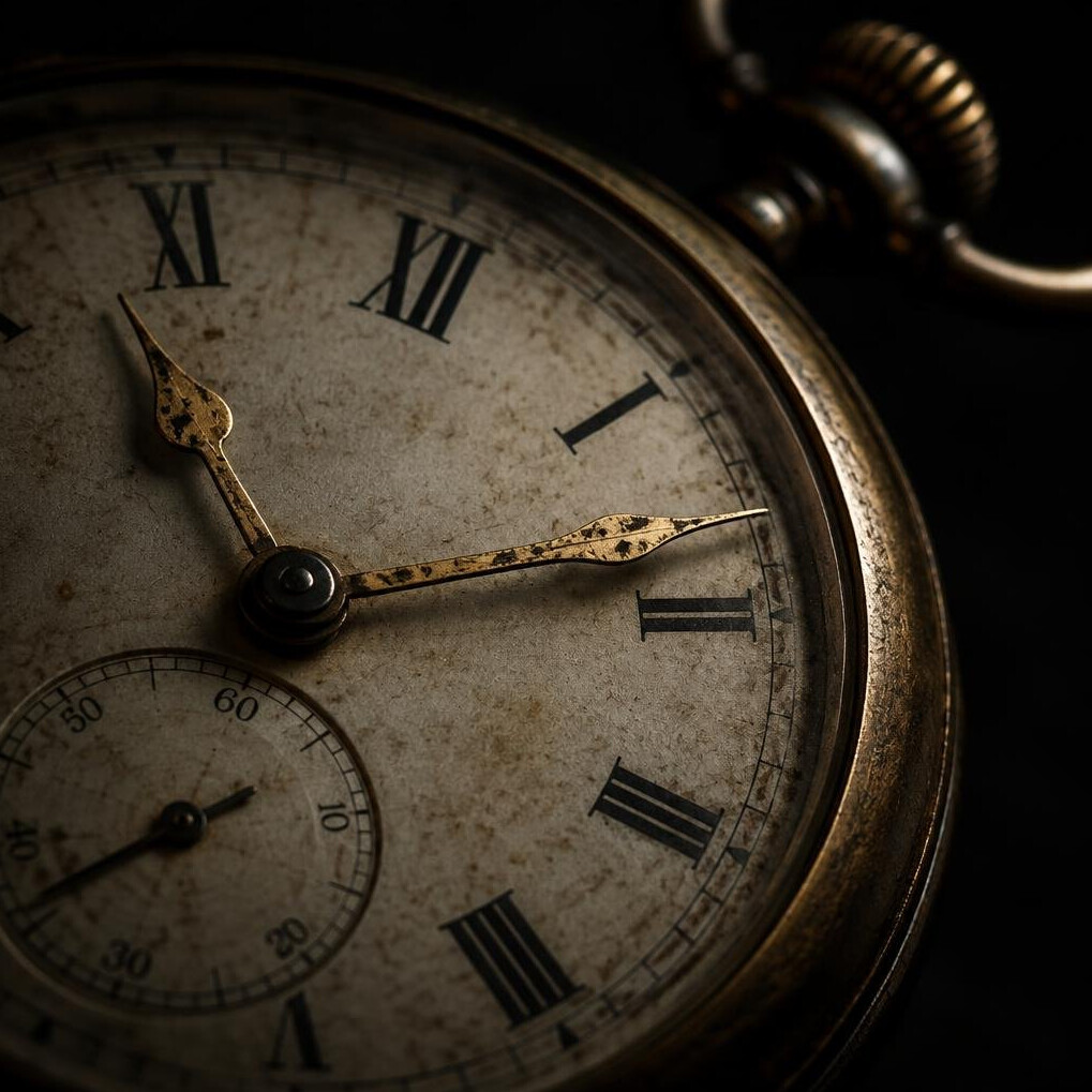 Vintage clock face close-up with worn hands