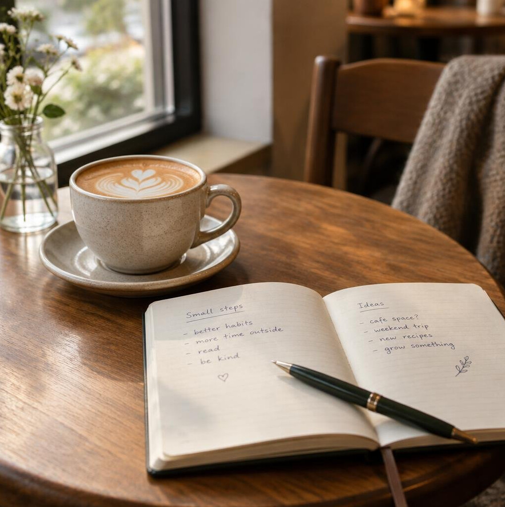Coffee cup and open notebook on a cafe table