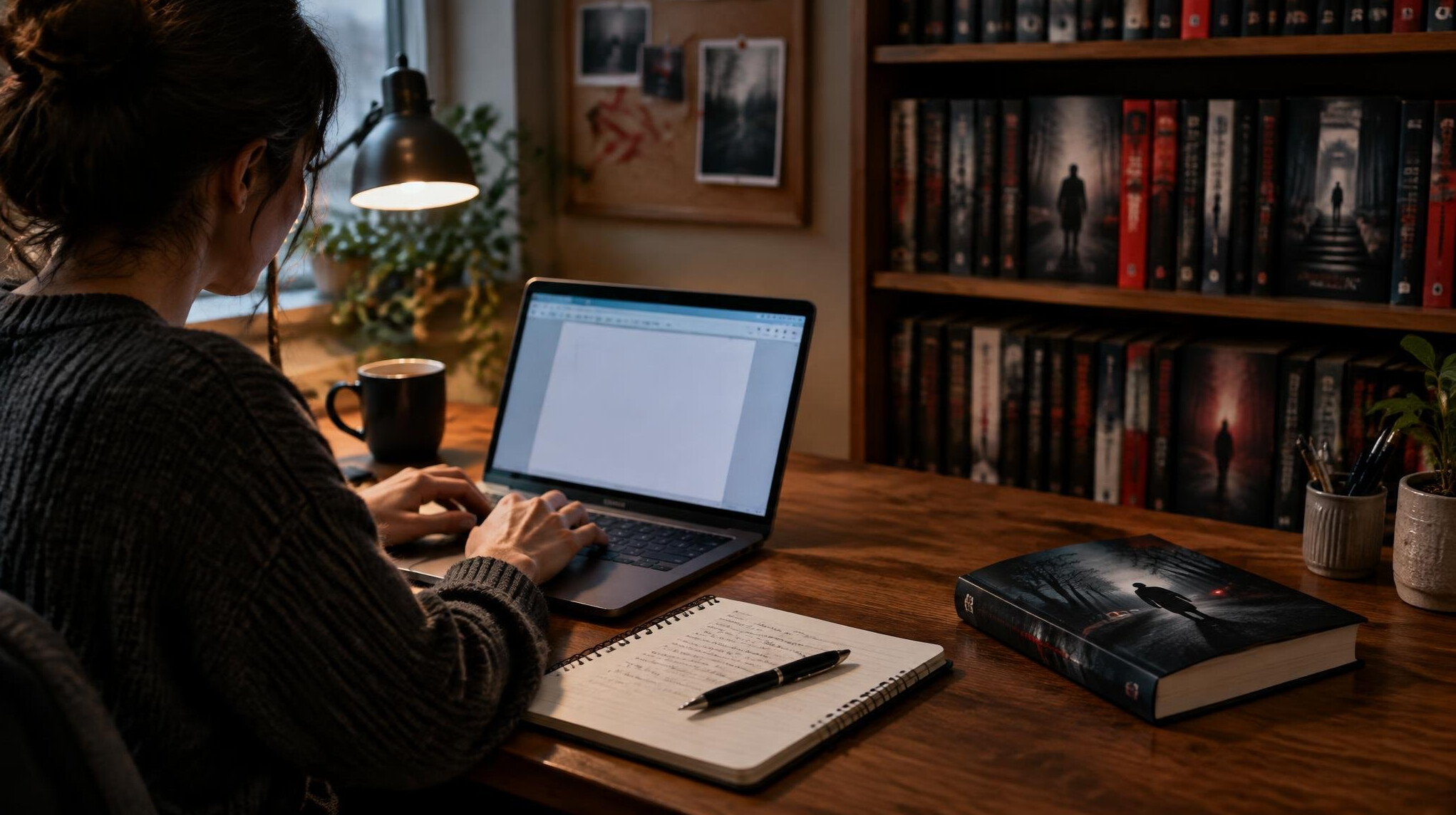 writer at desk with notebook