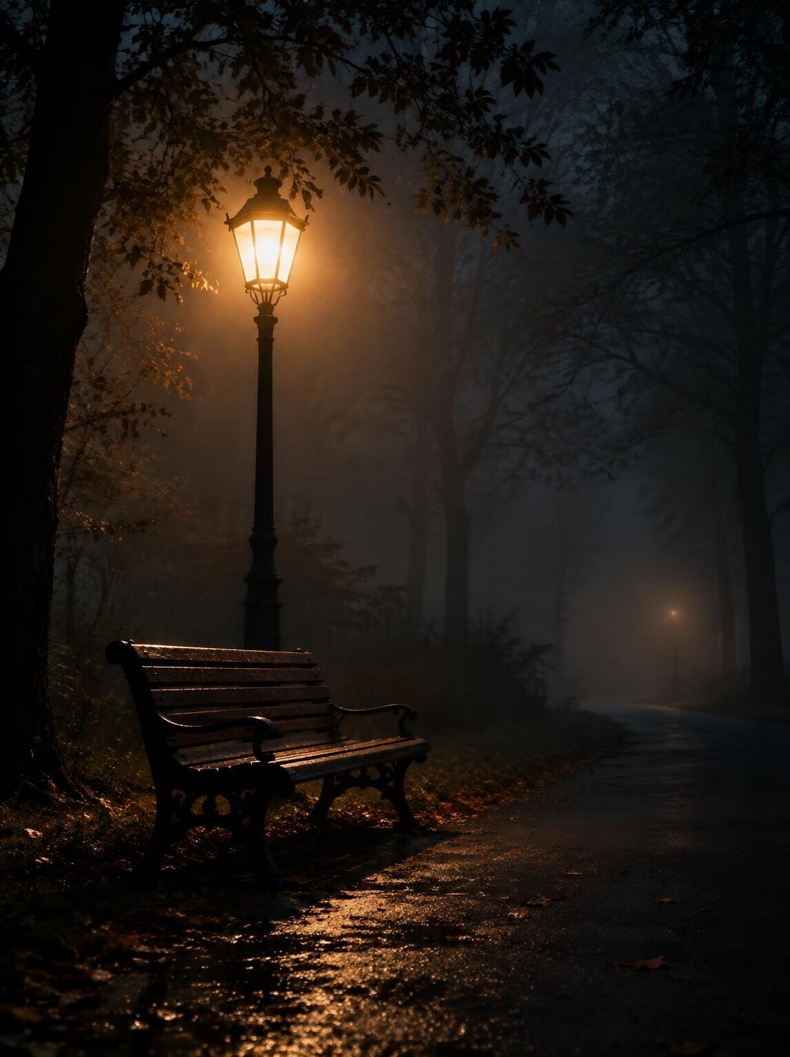 Empty park bench under a street lamp at night
