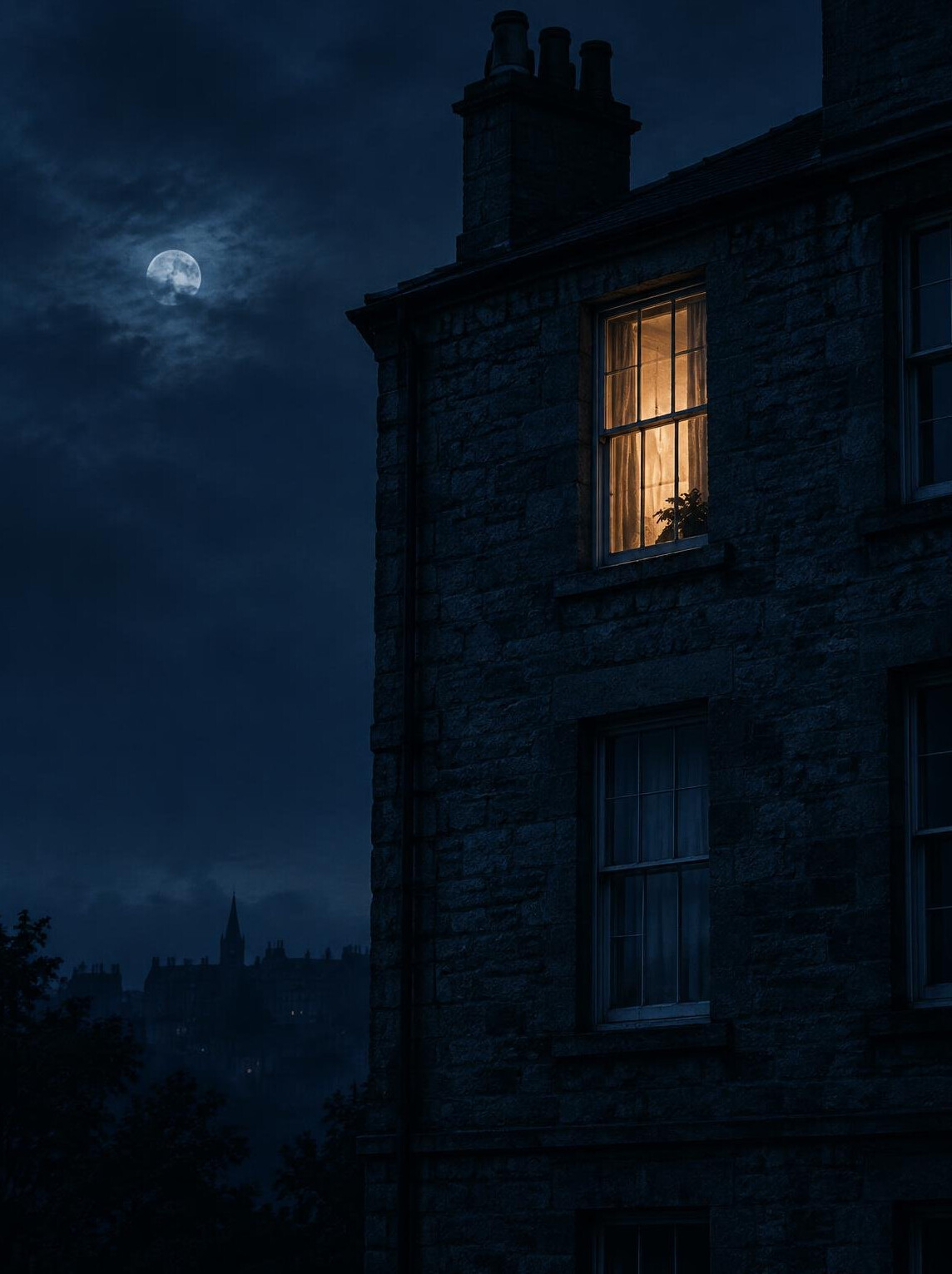 Dark book cover with a lit window in an old building