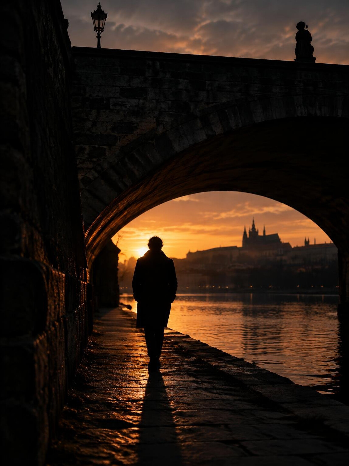 Silhouette of a person walking under a bridge at dusk