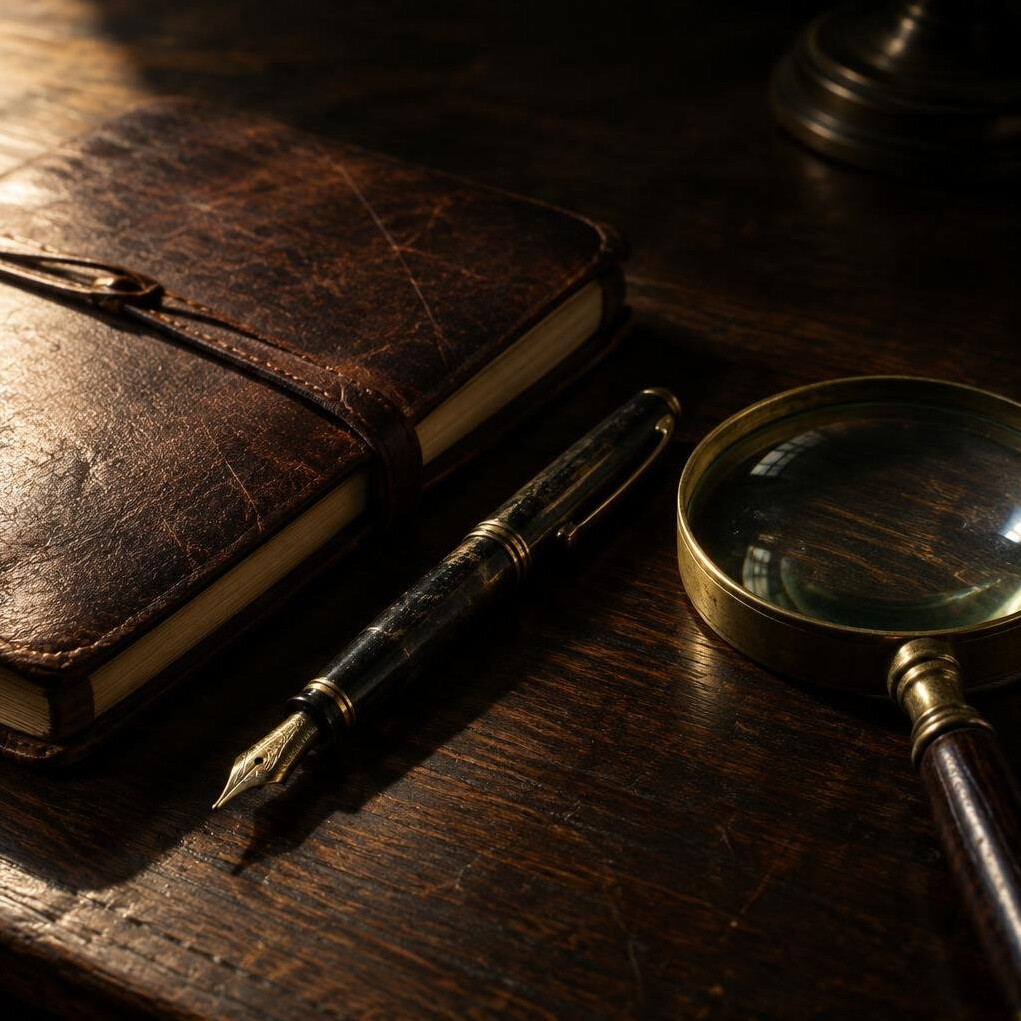 Detective's notebook with pen and magnifying glass on a wooden table