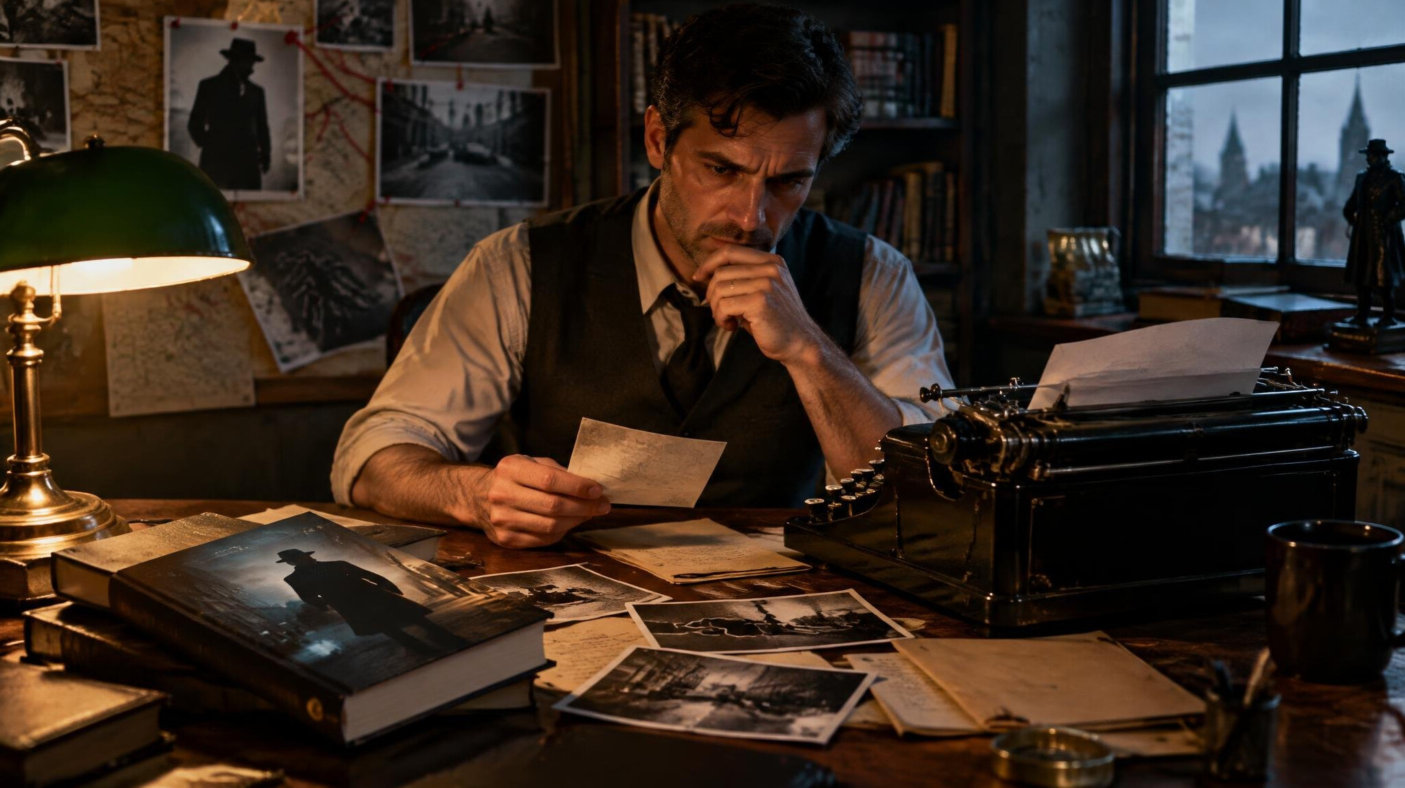 mystery writer at desk
