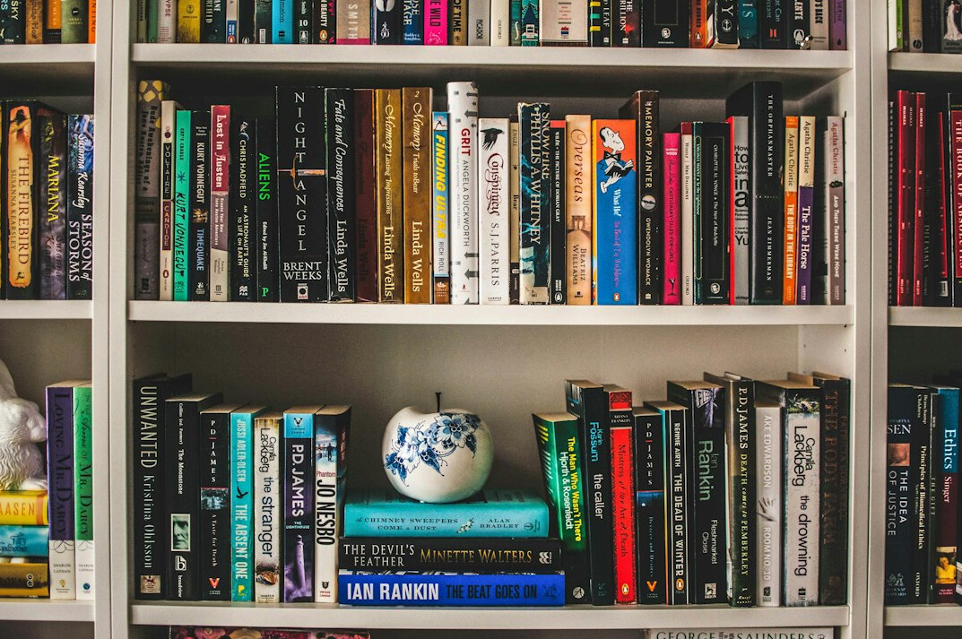bookshelf with mystery novels